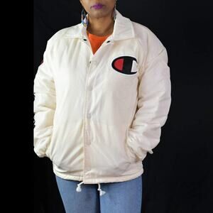 Champion Coaches Jacket White Winter Sherpa Lined Windbreaker Satin Size Small